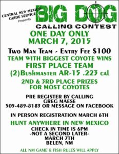 Advertisement for New Mexico coyote hunt. First prize to biggest coyote.